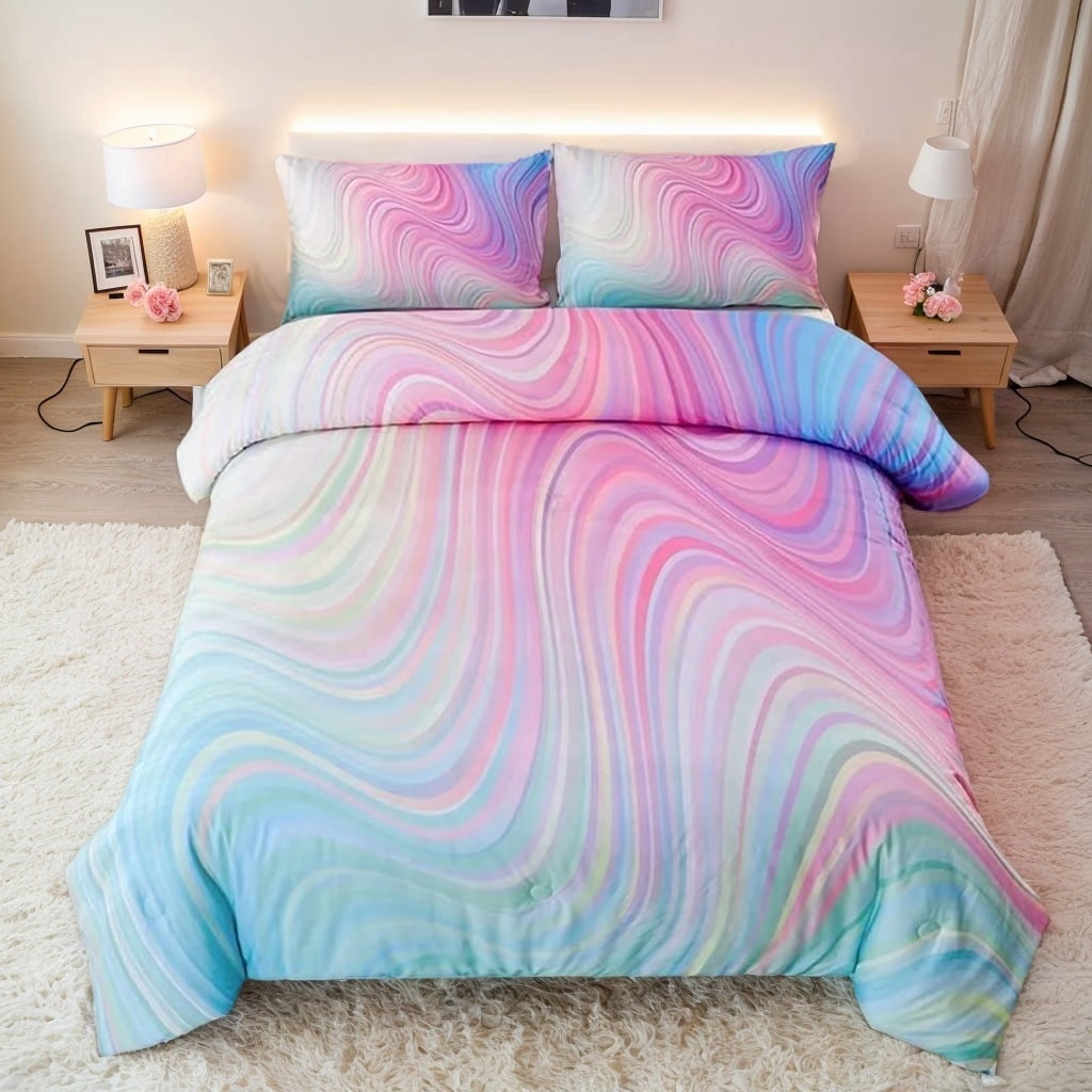 Psoiuetr Pink Tie Dye Gradient Wavy Line Comforter Set Queen Size Rainbow Bedding Set with 2 Pillowcases for Boys Kids Girls Teens 3Pcs