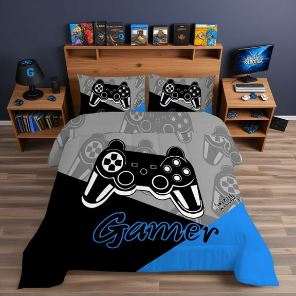 Psoiuetr Gaming Comforter for Kids Boys Teens Video Game Bedding Set Gamer Comforter Gamepad Comforter Set Twin Size Blue Black Gray 3 Pieces