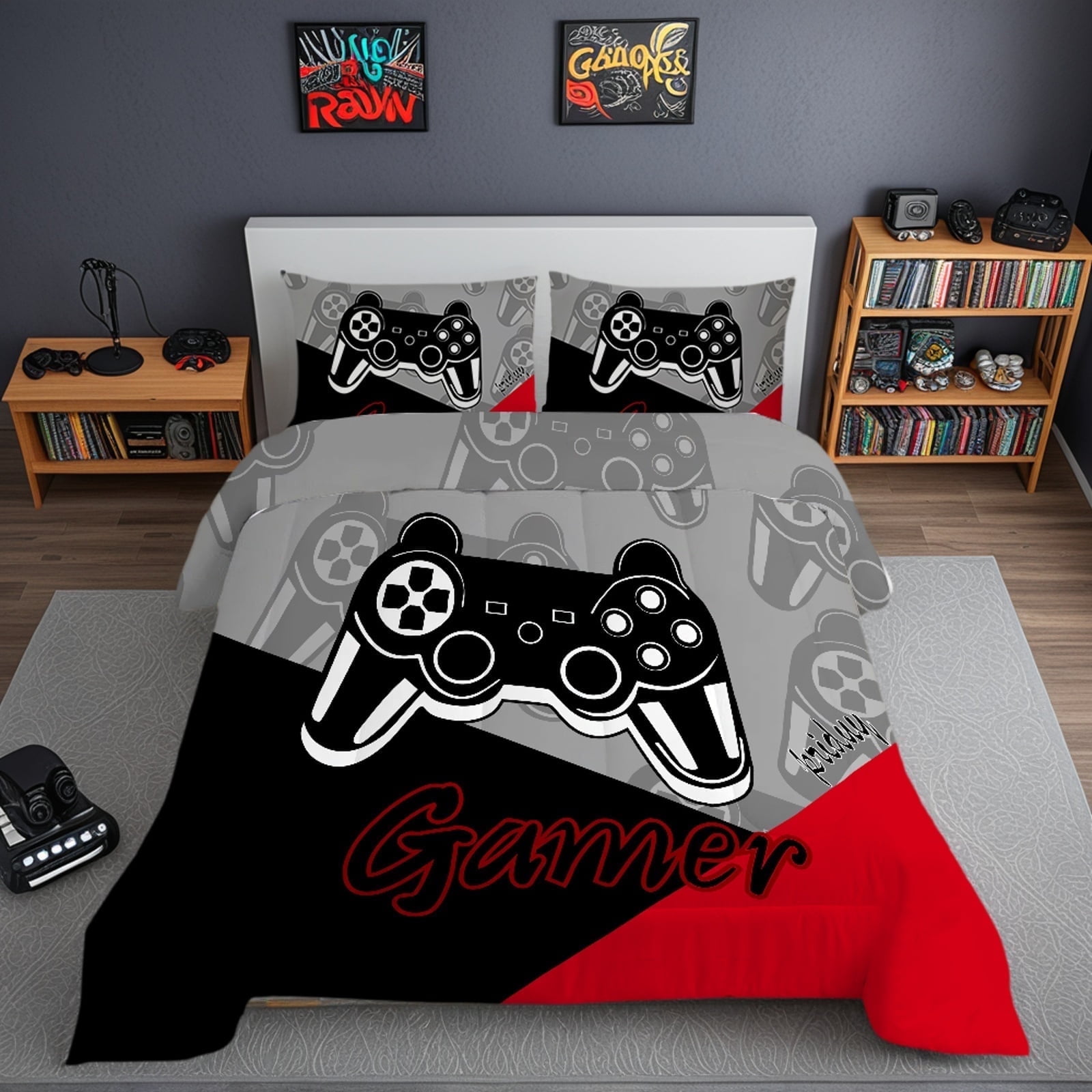 Psoiuetr Gaming Comforter for Kids Boys Teens Video Game Bedding Set Gamer Comforter Gamepad Comforter Set Queen Size Red Black Gray 3 Pieces