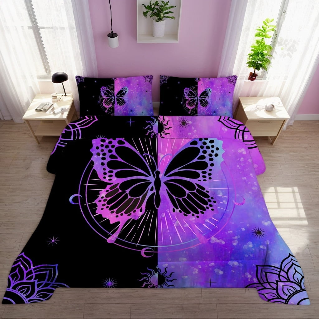 Psoiuetr Butterfly Comforter Set Queen Size for Girls Kids Teens Black Blue Purple Tie Dye Bedding Set 3 Pieces