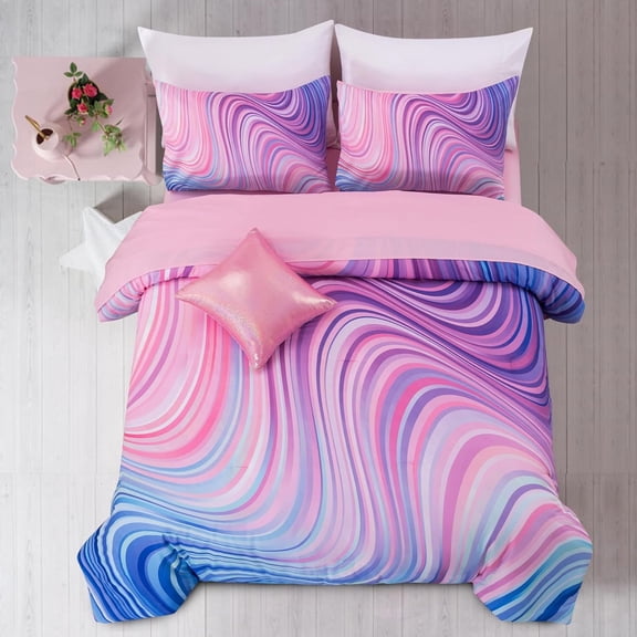 6 Pieces Gradient Star Ring Comforter Set, Colorful Glitter Rainbow Wave Stripes Pattern Bedding Set for Boys Girls Teens, Queen Drak Purple