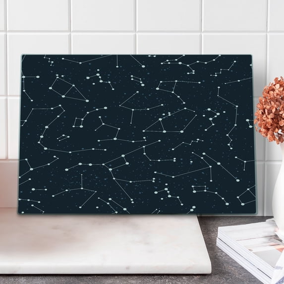 Constellation Cutting Board, Milky Way Inspired Pattern with Cluster of Fixed Stars in Night Sky, Decorative Tempered Glass Cutting and Serving Board, Large Size, Blue Dark Blue White, by Ambesonne