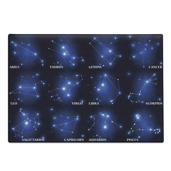 Constellation Cutting Board, Zodiac Sign Set and Names Group of Stars Cluster Esoteric, Decorative Tempered Glass Cutting and Serving Board, Large Size, Dark Blue Blue White, by Ambesonne