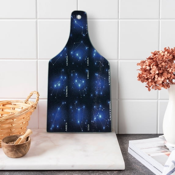 Constellation Cutting Board, Zodiac Sign Set and Names Group of Stars Cluster Esoteric, Decorative Tempered Glass Cutting and Serving Board, Wine Bottle Shape, Dark Blue Blue White, by Ambesonne