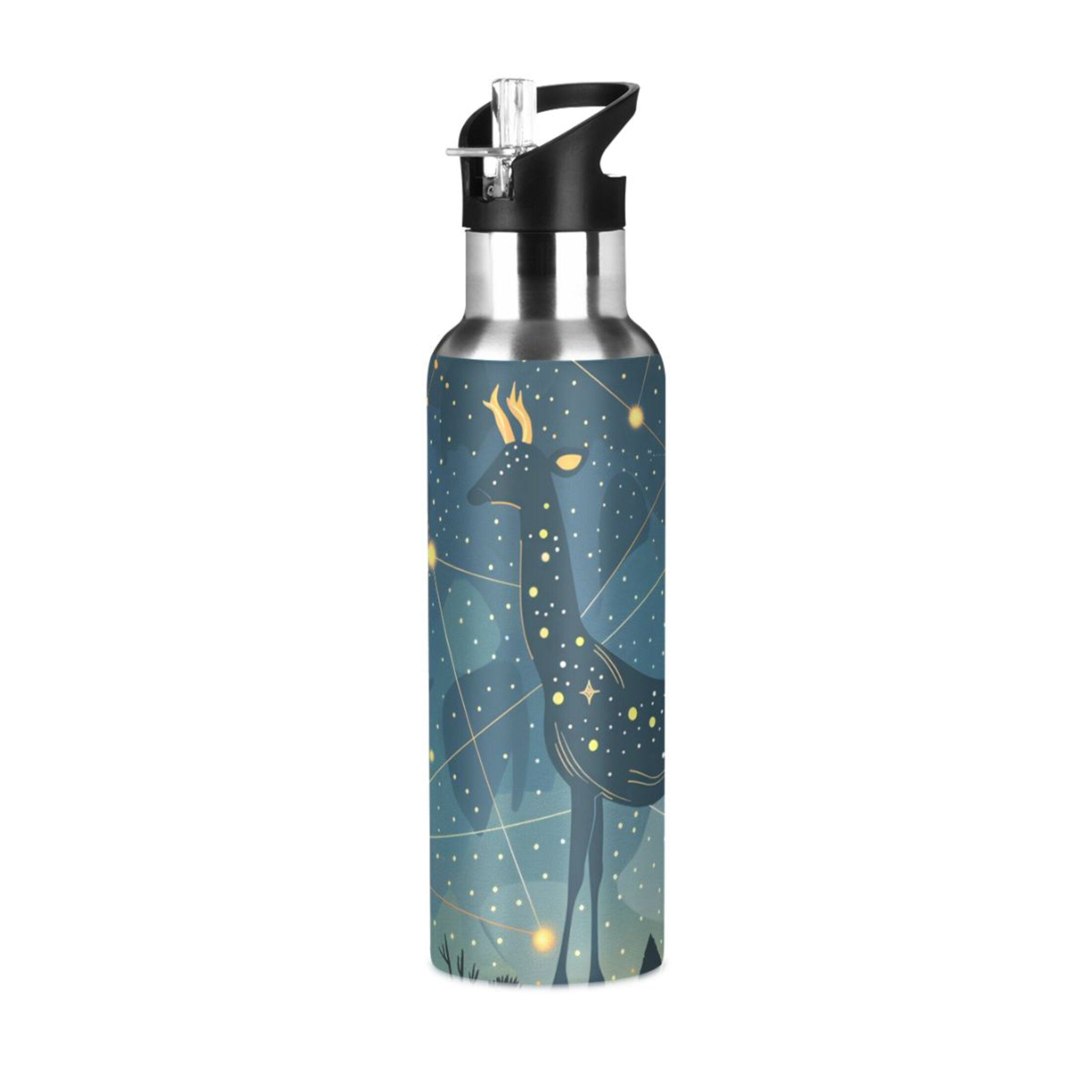 Constellation Deer Sports Bottle with Straw Stainless Steel Water Jug Portable Thermal Cup Leak-proof 600ML