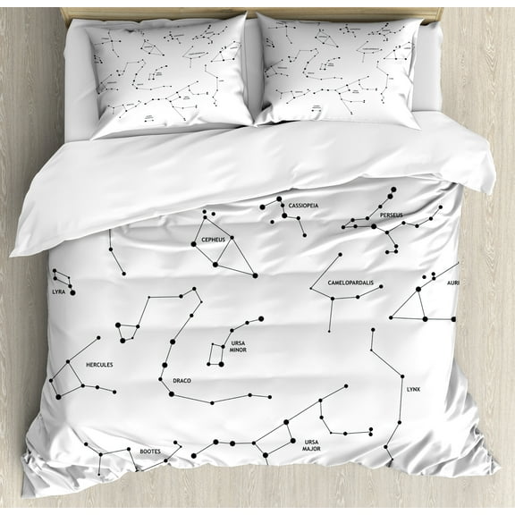 Constellation Duvet Cover Set, Astronomic Theme Group Stars Names Classical Scientific Composition, Decorative 3 Piece Bedding Set with 2 Pillow Shams, King Size, Charcoal Grey White, by Ambesonne