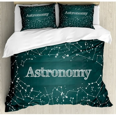 Constellation Duvet Cover Set, Astronomy Scientific Design Chalkboard Detailed Star Clusters, Decorative 3 Piece Bedding Set with 2 Pillow Shams, Calking Size, Green White, by Ambesonne
