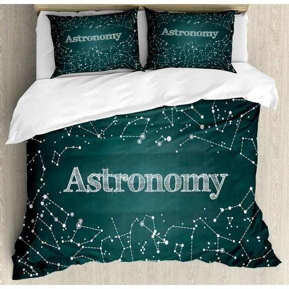 Constellation Duvet Cover Set, Astronomy Scientific Design Chalkboard Detailed Star Clusters, Decorative 3 Piece Bedding Set with 2 Pillow Shams, Calking Size, Green White, by Ambesonne