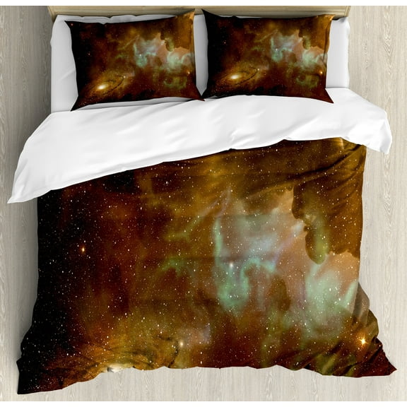Constellation Duvet Cover Set, Dusty Nebula Spiral Galaxy of Stars Infinity, Decorative 3 Piece Bedding Set with 2 Pillow Shams, Calking Size, Pale Coffee Mint Green, by Ambesonne