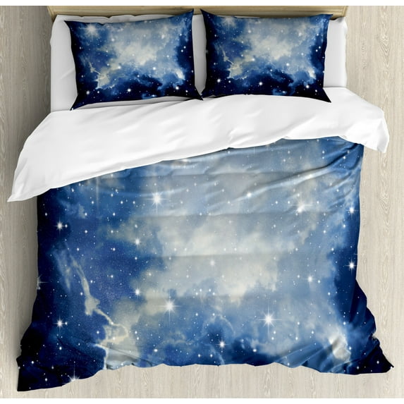 Constellation Duvet Cover Set King Size, Blue Galaxies in Night Sky Celestial Image Stars Fog Magical, Decorative 3 Piece Bedding Set with 2 Pillow Shams, Dark Blue Pale Blue White, by Ambesonne