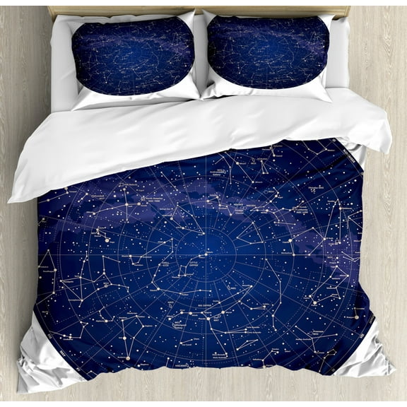 Constellation Duvet Cover Set King Size, High Detailed Sky Map of Northern Hemisphere with Names of Stars, Decorative 3 Piece Bedding Set with 2 Pillow Shams, Blue Cream Violet Blue, by Ambesonne
