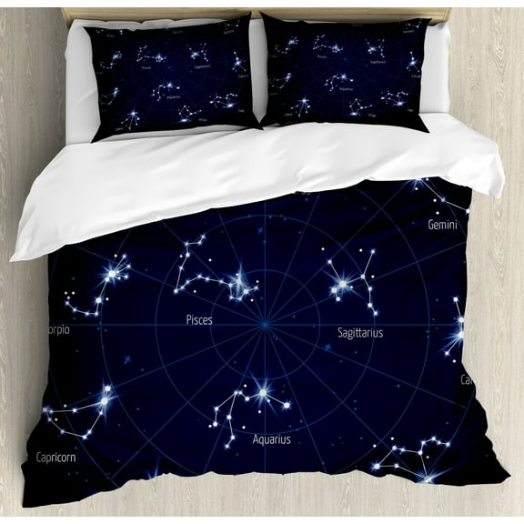 Constellation Duvet Cover Set King Size, Sky Star Map with Geometric Circle Space Night Horoscopes Chart Dark, Decorative 3 Piece Bedding Set with 2 Pillow Shams, Dark Blue White, by Ambesonne