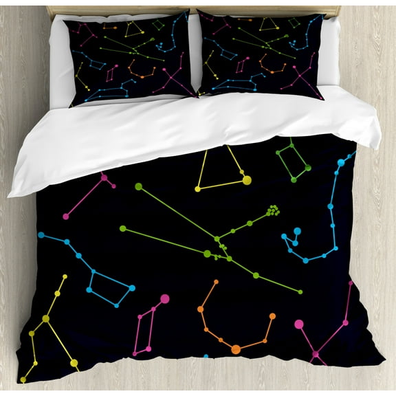 Constellation Duvet Cover Set Queen Size, Colorful Astronomic Illustration Science Ursa Major Minor Polaris Celestial, Decorative 3 Piece Bedding Set with 2 Pillow Shams, Multicolor, by Ambesonne