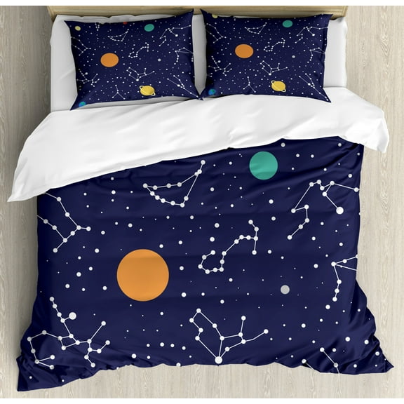 Constellation Duvet Cover Set Queen Size, Zodiac and Planets Colorful Pattern Galaxy Universe Science Illustration, Decorative 3 Piece Bedding Set with 2 Pillow Shams, Multicolor, by Ambesonne