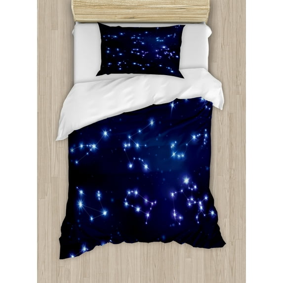 Constellation Duvet Cover Set, Realistic Celestial Gemini Leo Pisces Sagittarius Galactic, Decorative 2 Piece Bedding Set with 1 Pillow Shams, Twin Size, Pale Blue Dark Blue, by Ambesonne