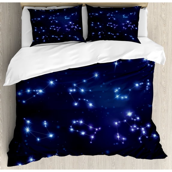 Constellation Duvet Cover Set, Realistic Celestial Gemini Leo Pisces Sagittarius Galactic, Decorative 3 Piece Bedding Set with 2 Pillow Shams, King Size, Pale Blue Dark Blue, by Ambesonne
