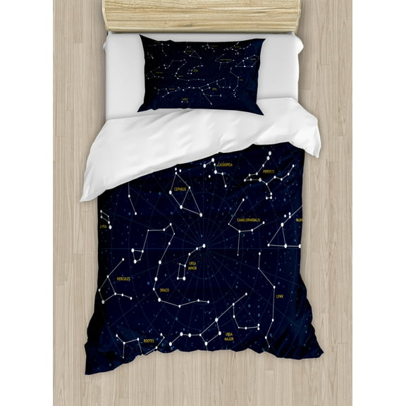 Constellation Duvet Cover Set, Sky Map Andromeda Lacerta Cygnus Lyra Hercules Draco Bootes Lynx, Decorative 2 Piece Bedding Set with 1 Pillow Shams, Twin Size, Dark Blue Yellow White, by Ambesonne