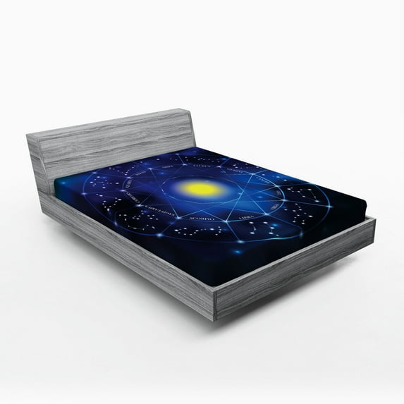 Constellation Fitted Sheet, Illustration of Zodiac Signs in Geometric Circle Horoscopes Sun, Soft Decorative Fabric Bedding, Queen Size, Pale Blue Indigo Yellow, by Ambesonne