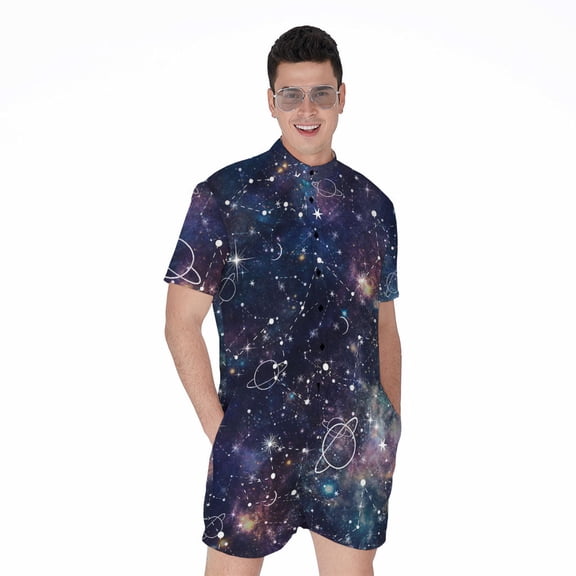 Constellation Galaxy Space Short Sleeve Men'S Rompers, Zodiac Horoscope Casual Summer Jumpsuits Outfit