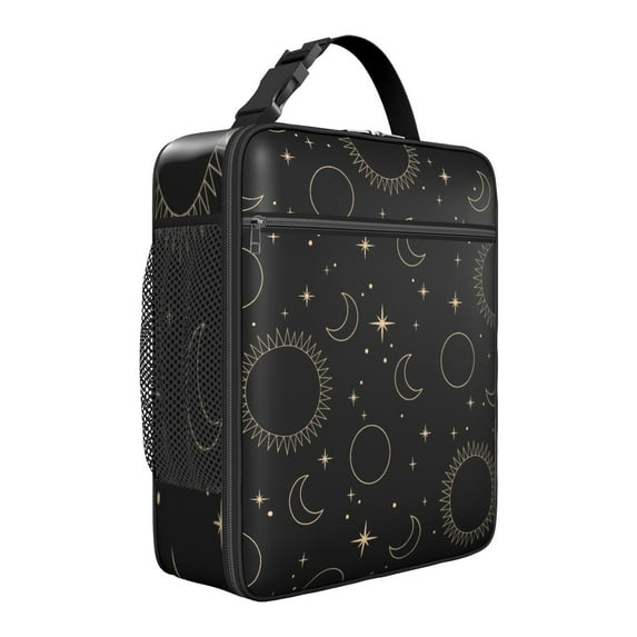 Constellation Gothic Lunch Box: Starry Night Pattern with Gold Sun/Moon Accents - Insulated Reusable Bag, Leakproof Cooler Tote with Zipper Closure