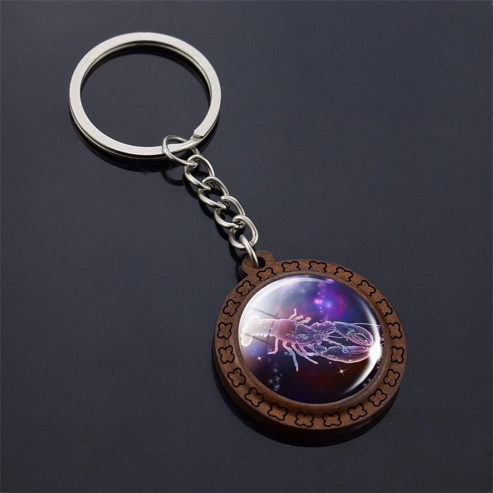 Wooden Carved Keychain Constellation Zodiac Sign Key Ring with Time Gem Pendant and Unique Glass Accents for Purse