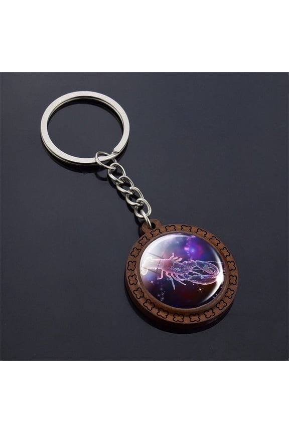 Wooden Carved Keychain Constellation Zodiac Sign Key Ring with Time Gem Pendant and Unique Glass Accents for Purse