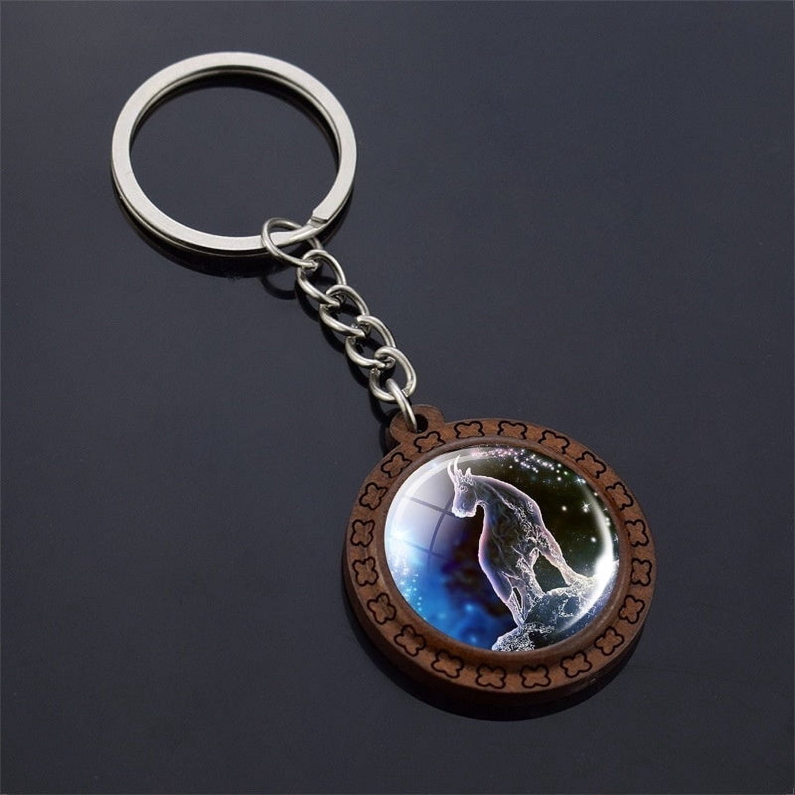 Wooden Carved Keychain Constellation Zodiac Sign Key Ring with Time Gem Pendant and Unique Glass Accents for Purse