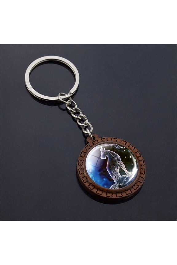 Wooden Carved Keychain Constellation Zodiac Sign Key Ring with Time Gem Pendant and Unique Glass Accents for Purse