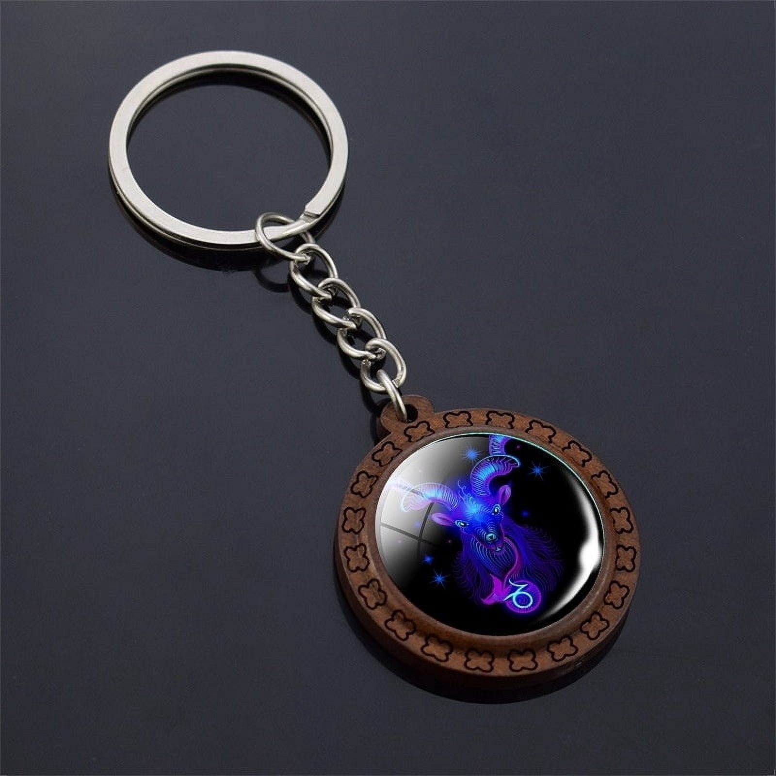 Wooden Carved Keychain Constellation Zodiac Sign Key Ring with Time Gem Pendant and Unique Glass Accents for Purse