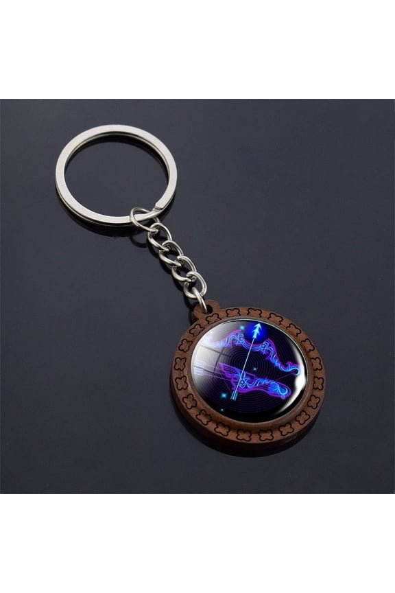 Wooden Carved Keychain Constellation Zodiac Sign Key Ring with Time Gem Pendant and Unique Glass Accents for Purse