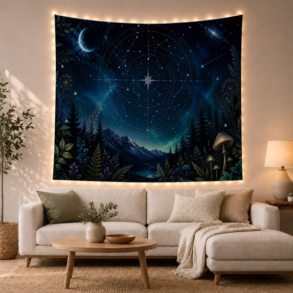 Constellation Map Over Celestial Night Landscape in a Mystical Forest, Ethereal Fantasy for Space Lovers, Astronomical Wall Art, Birthday Gift, Tapestry Wall Hanging for Bedroom and Living Room