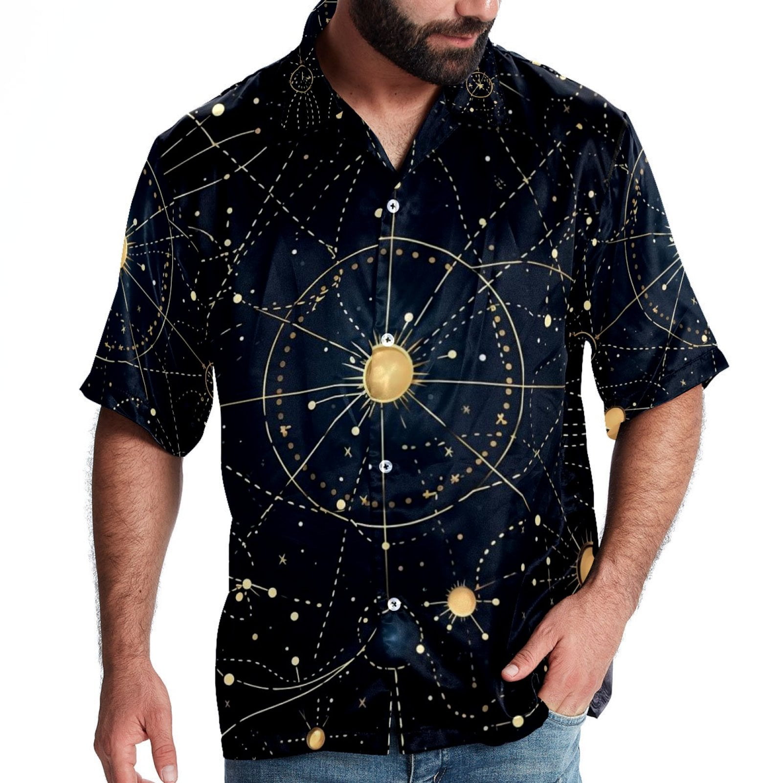 constellation dress shirt Constellation Short Sleeve Men Button Up Shirt, Space Stars Universe Print Casual Buttoned Down Summer Collared Dress Shirt 4XL