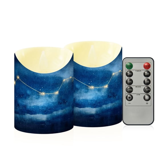 Constellation Night Sky Flameless Candles 2 PCS with Remote Realistic Moving Flame LED Tapered Pillar Set for Home Decor