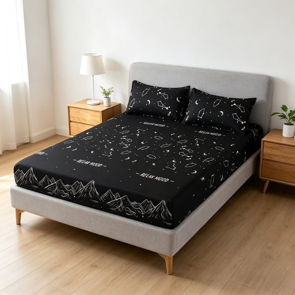 Constellation Printed Fitted Sheet Set, Soft Washed Microfiber Bed Sheet with Pillowcases, Deep Pocket & Non-Slip