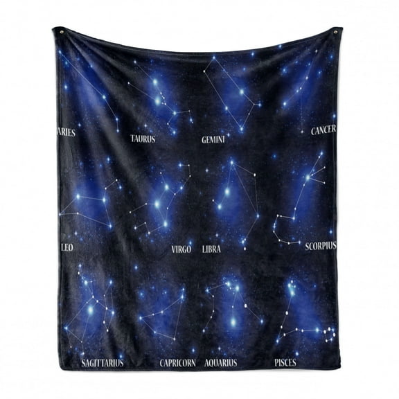 Constellation Soft Flannel Fleece Throw Blanket, Zodiac Sign Set and Names Group of Stars Cluster Esoteric, Cozy Plush for Indoor and Outdoor Use, 70" x 90", Dark Blue Blue White, by Ambesonne