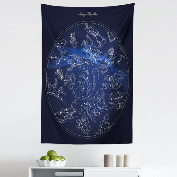 Constellation Tapestry, Antique Sky Map Hand Drawn Mythological History Galaxy, Fabric Wall Hanging Decor for Bedroom Living Room Dorm, 5 Sizes, Blue Dark Blue Beige, by Ambesonne