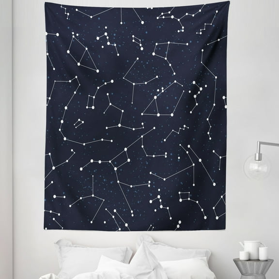 Constellation Tapestry, Milky Way Inspired Pattern with Cluster of Fixed Stars in Night Sky, Fabric Wall Hanging Decor for Bedroom Living Room Dorm, 5 Sizes, Blue Dark Blue White, by Ambesonne