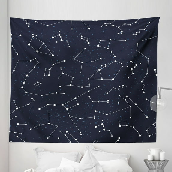 Constellation Tapestry, Milky Way Inspired Pattern with Cluster of Fixed Stars in Night Sky, Fabric Wall Hanging Decor for Bedroom Living Room Dorm, 5 Sizes, Blue Dark Blue White, by Ambesonne