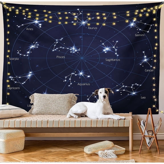 Constellation Tapestry, Sky Star Map Geometric Circle Space Night Horoscopes Chart Dark, Wall Hanging for Bedroom Living Room Dorm Decor, 60" X 80", Dark Blue White
