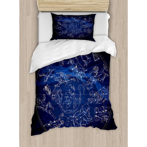 Constellation Twin Size Duvet Cover Set, Antique Sky Map with Hand Drawn Mythological Figures History Galaxy, Decorative 2 Piece Bedding Set with 1 Pillow Sham, Blue Dark Blue Beige, by Ambesonne