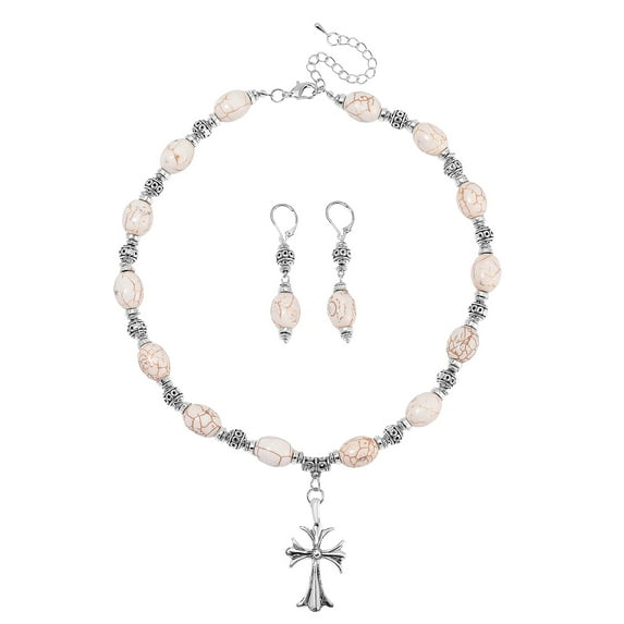 Constituted White Howlite 200.00 ctw Necklace 18-20 Inches and Earrings in Silvertone and Stainless Steel Christmas Gifts