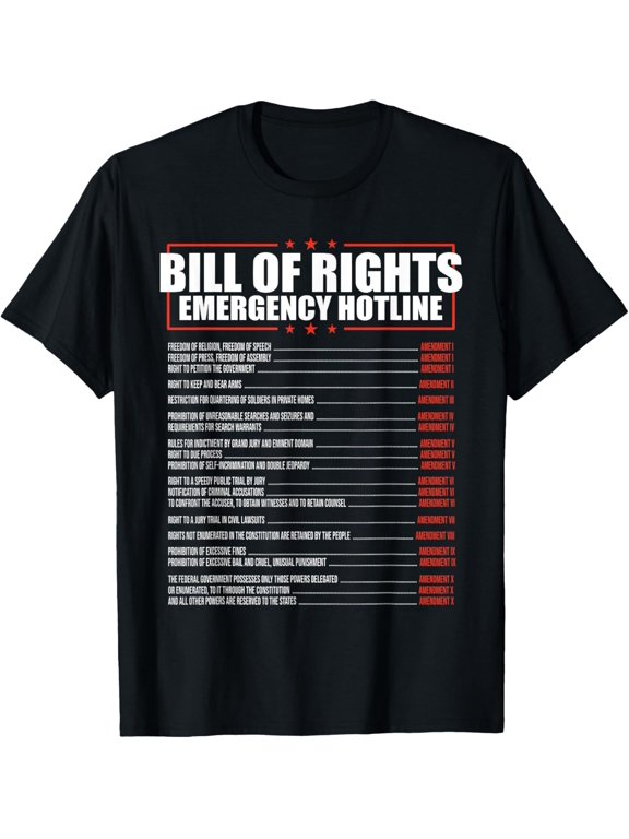 Constitution Bill of Rights Emergency Hotline Amendment 1-10 T-ShirtMen and women, Black T-shirt, size: Extra large