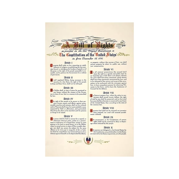 Constitution Bill of Rights Poster Historical American History Document Wall Art Print For Classroom School Teacher Office Library Decor