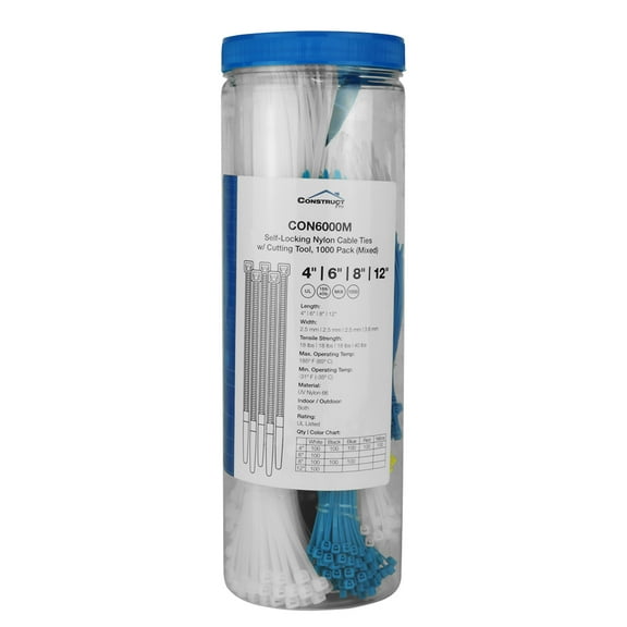 Construct Pro Self-Locking Nylon Cable Ties with Cutting Tool (1,000 Pack, 5 Colors)