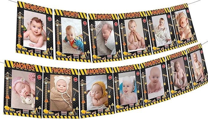 Construction 1st Birthday Party Supplies, Construction Photo Banner from Newborn to 12 Months, Dump Truck Excavator Vehicle First Birthday Decorations