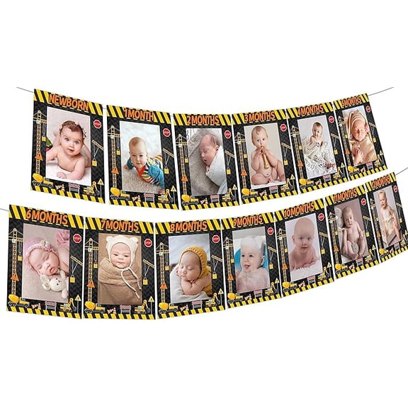 Construction 1st Birthday Party Supplies, Construction Photo Banner from Newborn to 12 Months, Dump Truck Excavator Vehicle First Birthday Decorations