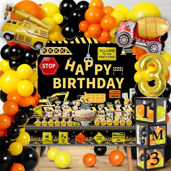 Construction 3rd Birthday Party balloons and Supplies Kit for Kids Dump Truck Theme Decorations with Backdrop, Balloons, Banner, Cake & Cupcake Toppers, Tablecloth, and Box Cutout (3rd Birthday)