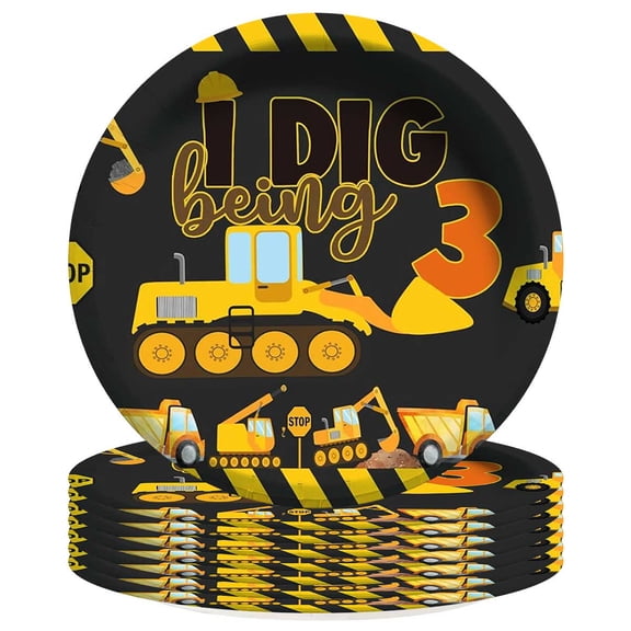 Construction 3rd Building Plates Birthday Decorations Party Supplies Tableware Disposable Dinnerware 8pcs