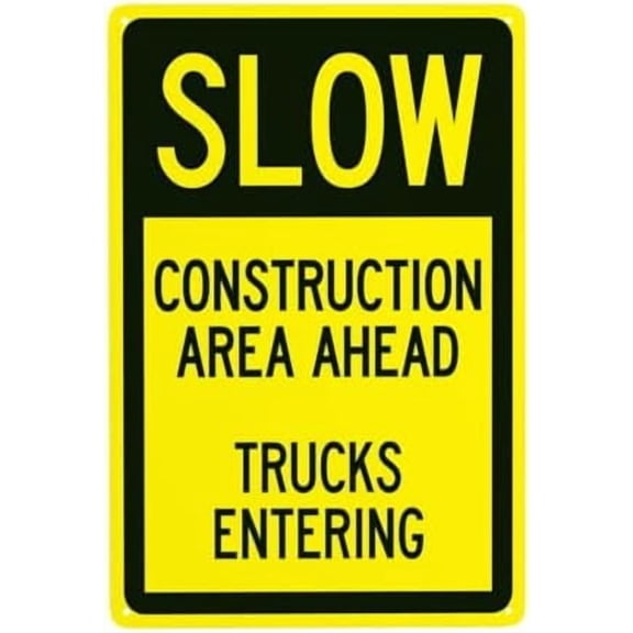 Construction Area Ahead Warning Sign, Durable Weatherproof Metal, 8 x 12 In, Trucks Entering