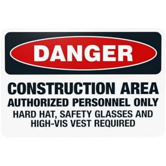 Construction Area Authorized Personnel Only Hard Hat, High-Vis Vest Required Warning Sign, Construction Security Metal Signs for Home Business Wall Safety Caution Custom Decor 12 x 8 Inch